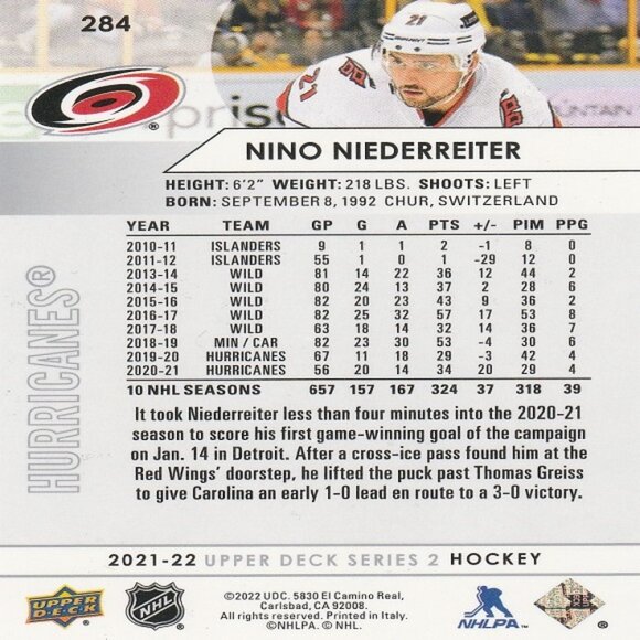 Nino Niederreiter - 2021/2022 Upper Deck Series 2 Hockey Card - Picture 2 of 2